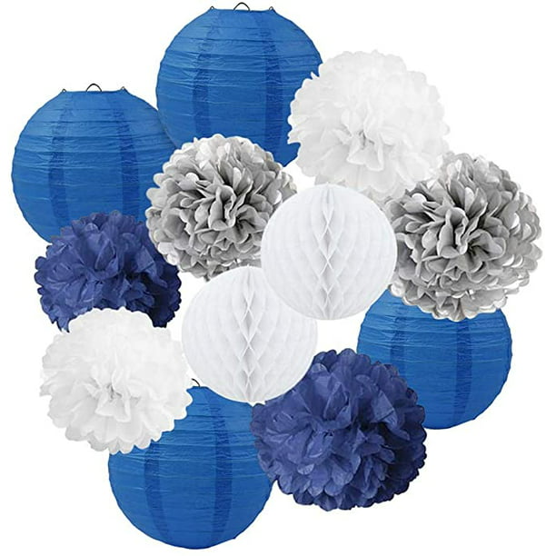 Baby Blue & White Pom Poms Baby Shower Boy Tissue Paper Hanging Decorations 5pk